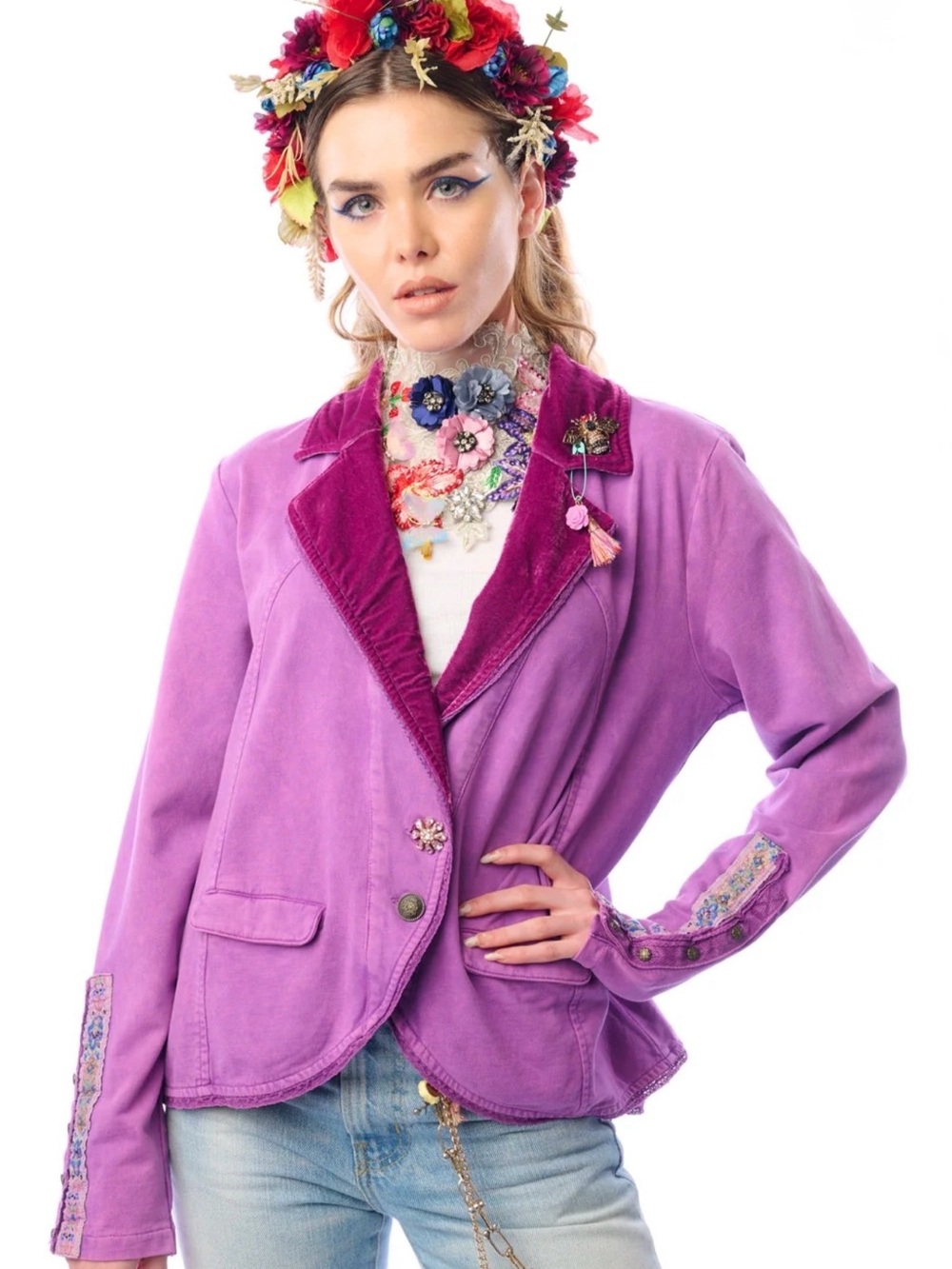 Aratta Colonel Velvet-Trim Blazer Jacket in Violet #boho #cottagecore #tailored - Picture 3 of 8